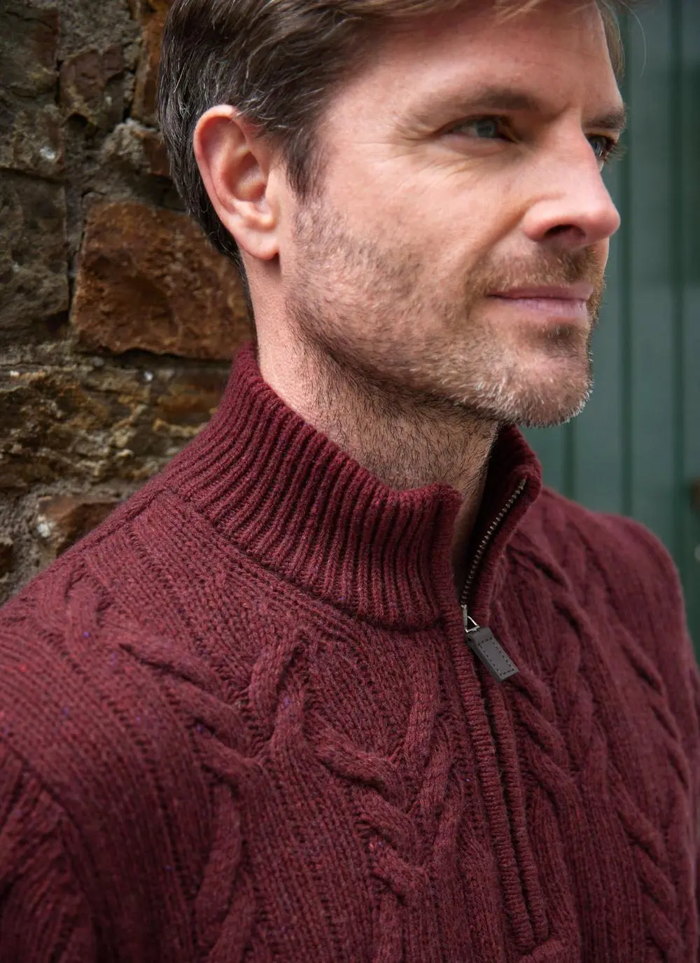 Mens Donegal Fleck Half Zip Cable Sweater in Burgundy | Blarney